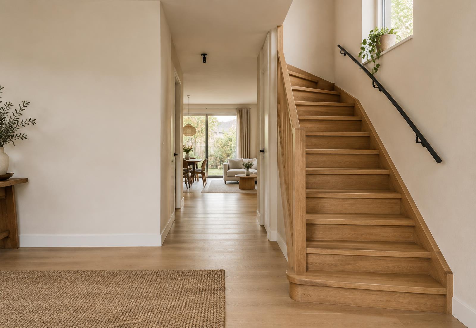 Een gerenoveerde houten trap in een lichte woning